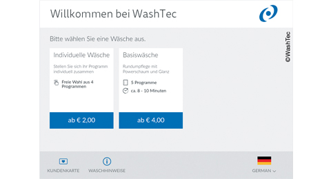 Waschanlage Bedienterminal WashTec Plus Auswahlmenü